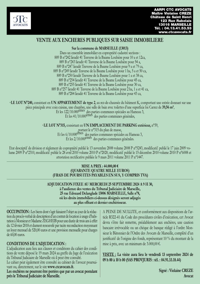 VENTE DU 25/09/2024 APPARTEMENT T2+EMPLACEMENT DE PARKING 13013 MARSEILLE