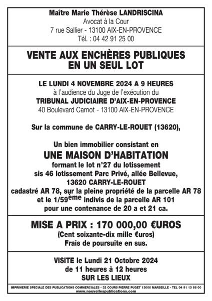 VENTE DU 04/11/2024 MAISON CARRY-LE-ROUET