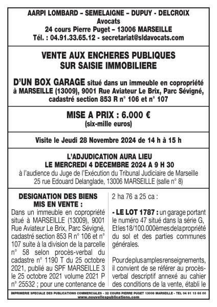 VENTE AUX ENCHERES DU 04/12/24 BOX GARAGE 13009 MARSEILLE