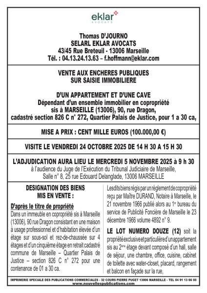 VENTE AUX ENCHERES MARSEILLE du 5/11/25 APPARTEMENT