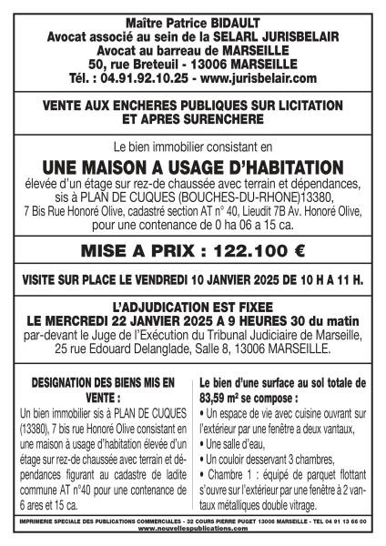 vente aux enchères du 22/01/2025 PLAN DE CUQUES 