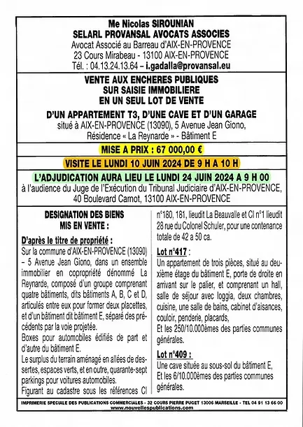 APPARTEMENT T3+CAVE ET GARAGE  AIX-EN-PROVENCE (13090)