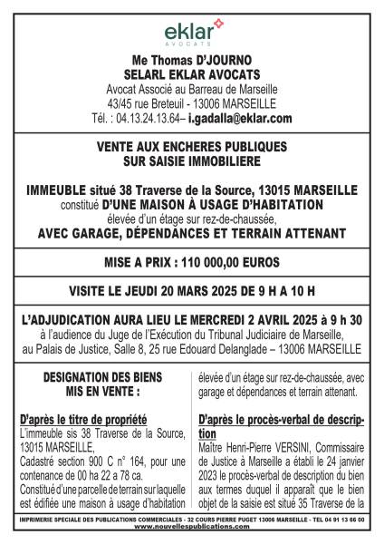 VENTE AUX ENCHERES DU 02/04/2025 maison 13015 Marseille