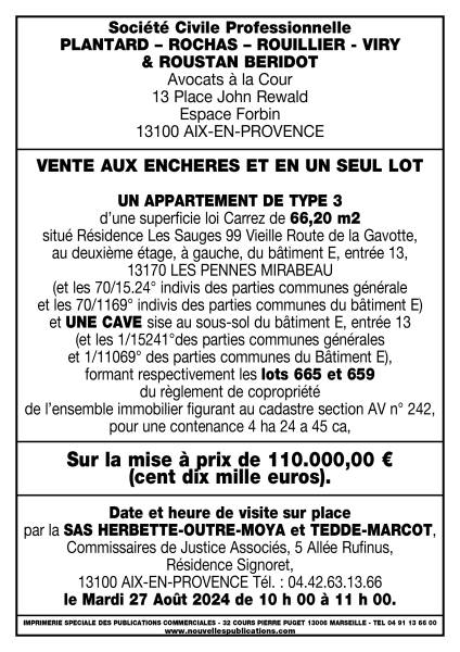 VENTE DU 09/09/2024 APPARTEMENT T3+CAVE 13170 LES PENNES MIRABEAU
