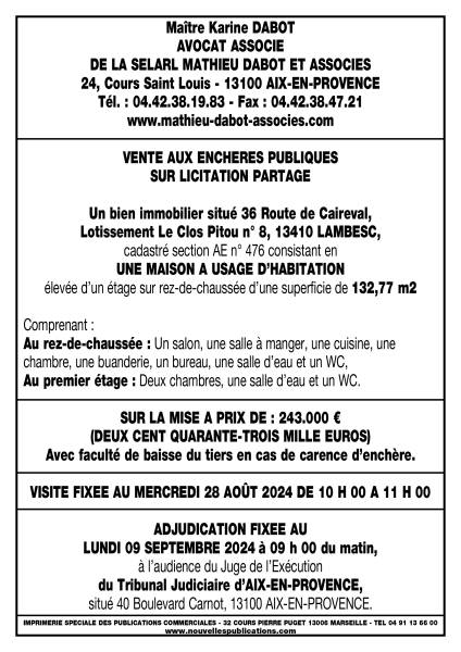 VENTE DU 09/09/2024 MAISON 13410 LAMBESC