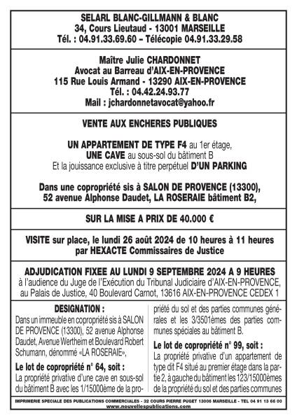 VENTE DU 09/09/2024  - APPARTEMENT F4+CAVE SALON DE PROVENCE 13300
